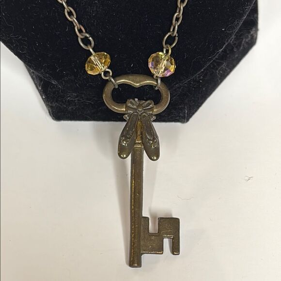 Vintage Inspired Brass Key Pendant with Ballet Slippers Necklace 22” - Picture 3 of 5